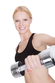 Beautiful young fitness woman doing weight training. Isolated on white