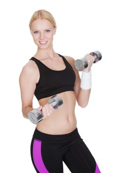 Beautiful young fitness woman doing weight training. Isolated on white