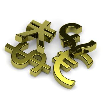 3D golden currency symbols set on white background illustration