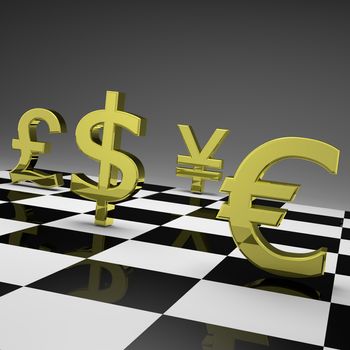 3D golden currency symbols on chessboard