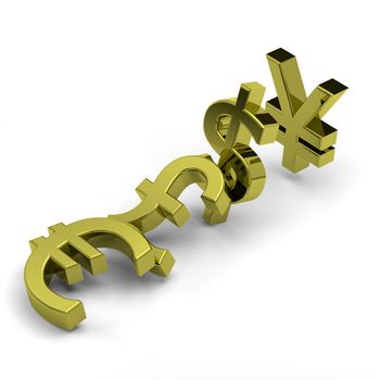 3D golden currency symbols set domino effect on white background illustration, crisis concept