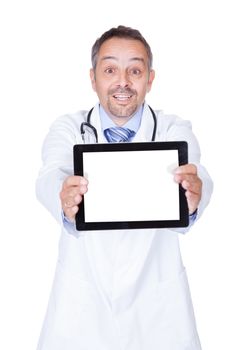 Happy Doctor Holding Blank Digital Tablet On White Background