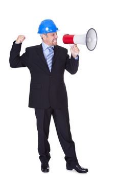 Male Architect Shouting In Megaphone On White Background