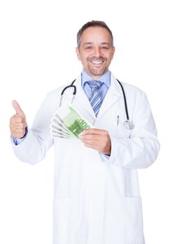 Happy Doctor Holding Euro Notes On White Background