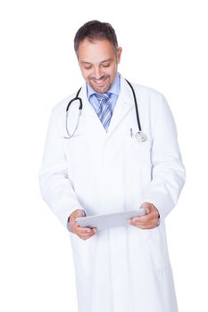 Portrait Of A Confident Doctor With Tablet Isolated On White Background