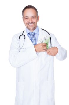 Happy Doctor Holding Euro Notes On White Background
