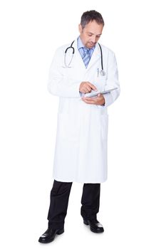 Portrait Of A Confident Doctor With Tablet Isolated On White Background