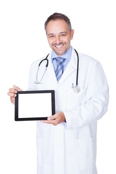 Happy Doctor Holding Blank Digital Tablet On White Background