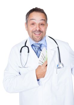 Happy Doctor Holding Euro Notes On White Background