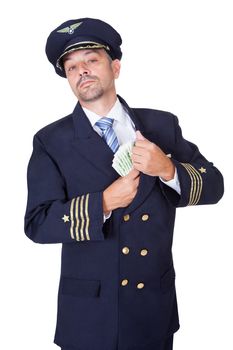 Portrait Of Happy Pilot Holding Euros On White Background