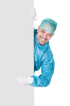 Doctor In Operation Gown Holding Blank Placard On White Background