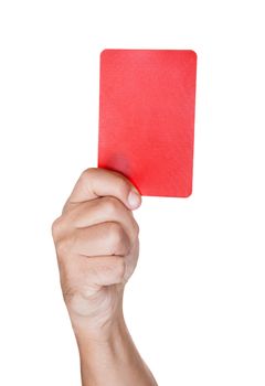 hand Of Soccer Referee Showing Red Card On White Background