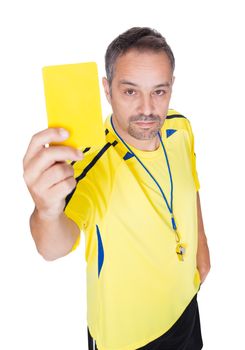 Soccer Referee Showing Yellow Card On White Background
