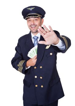 Portrait Of Happy Pilot Holding Euros On White Background