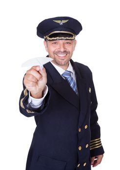 Portrait Of Happy Pilot On White Background