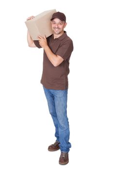 Happy Delivery Man Holding Cardbox Isolated On White Background