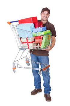 Happy Man With Shopping Cart Isolated On White Background
