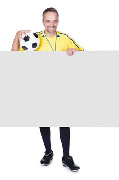 Portrait Of Happy Coach Holding Placard And Football Isolated On White Background