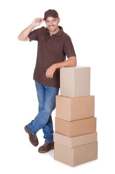 Portrait Of Happy Delivery Man Isolated On White Background