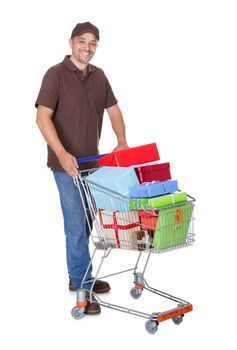 Happy Man With Shopping Cart Isolated On White Background