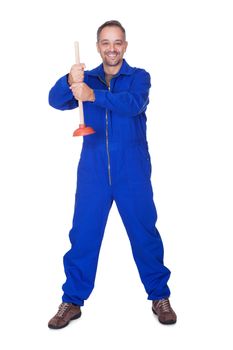 Happy Plumber Holding Plunger On White Background