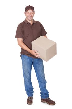 Happy Delivery Man Holding Cardbox Isolated On White Background