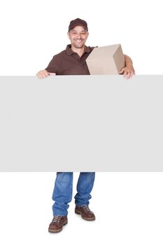 Happy Delivery Man Holding Cardbox And Placard Isolated On White Background