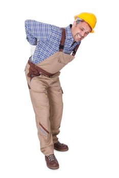 Portrait Of A Worker With Back Pain Isolated On White Background