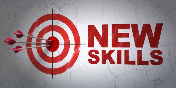 Success Education concept: arrows hitting the center of target, Red New Skills on wall background, 3d render