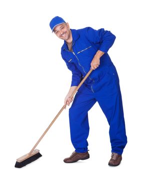 Happy Sweeper Cleaning Floor On White Background