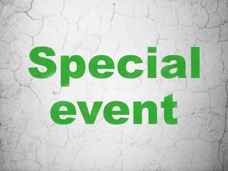 Business concept: Green Special Event on textured concrete wall background, 3d render
