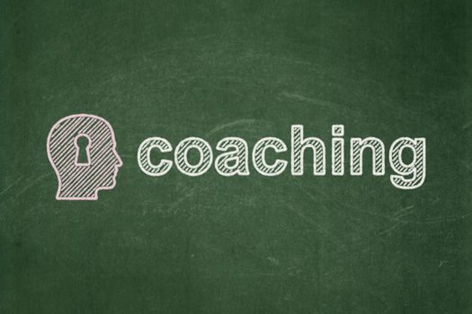 Education concept: Head With Keyhole icon and text Coaching on Green chalkboard background, 3d render