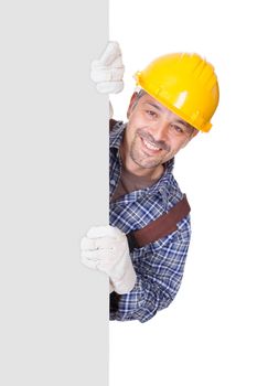 Portrait Of Happy Contractor Holding Placard On White Background