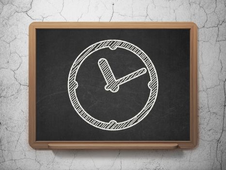 Time concept: Clock icon on Black chalkboard on grunge wall background, 3d render