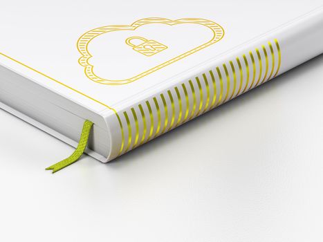 Cloud computing concept: closed book with Gold Cloud With Padlock icon on floor, white background, 3d render