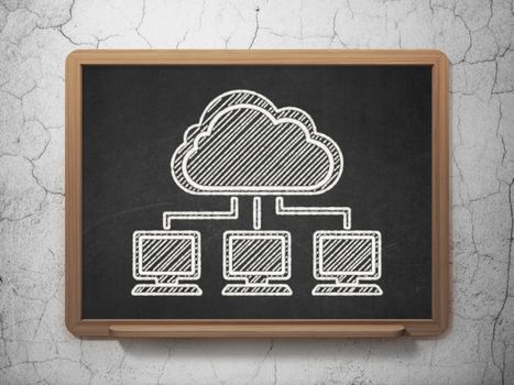 Cloud networking concept: Cloud Network icon on Black chalkboard on grunge wall background, 3d render