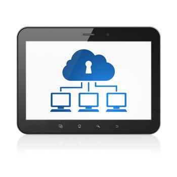 Privacy concept: black tablet pc computer with Cloud Network icon on display. Modern portable touch pad on White background, 3d render