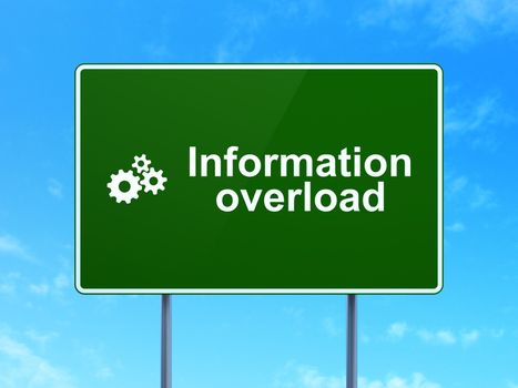 Data concept: Information Overload and Gears icon on green road (highway) sign, clear blue sky background, 3d render
