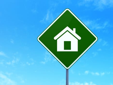 Finance concept: Home on green road (highway) sign, clear blue sky background, 3d render