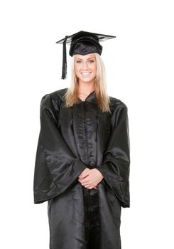 Beautiful female student graduating. Isolated on white