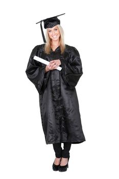 Beautiful female student graduating. Isolated on white