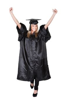 Beautiful female student graduating. Isolated on white