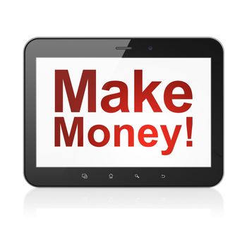 Business concept: black tablet pc computer with text Make Money! on display. Modern portable touch pad on White background, 3d render