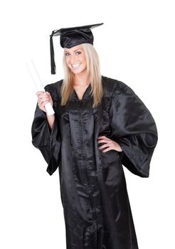 Beautiful female student graduating. Isolated on white