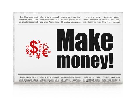 Business concept: newspaper headline Make Money! and Finance Symbol icon on White background, 3d render