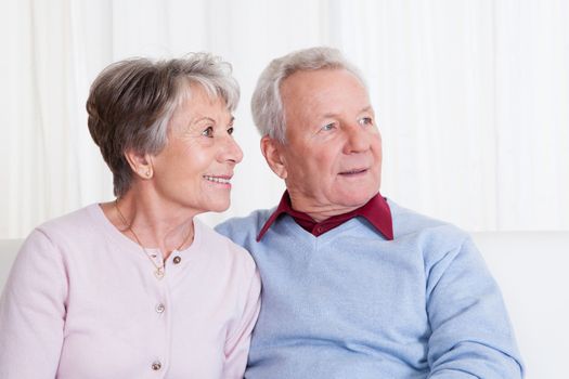 Portrait Of Happy Senior Couple Sitting On Couch