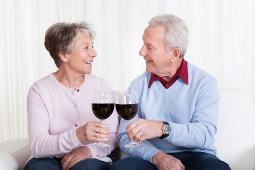 Senior Couple Toasting Glass Of Wine; Indoor