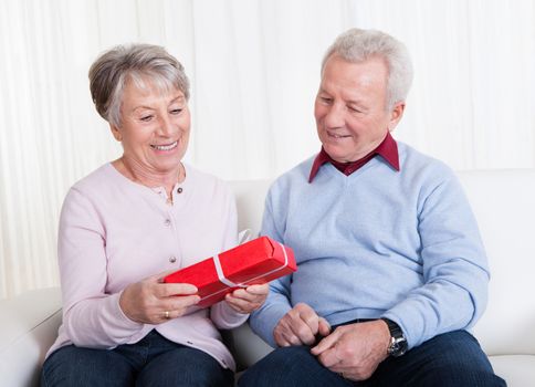 Senior Man Giving Gift To Senior Woman Indoors