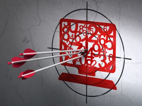 Success Education concept: arrows hitting the center of Red Computer Pc target on wall background, 3d render