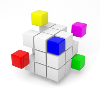 Combining color cubes teamwork project concept 3d illustration